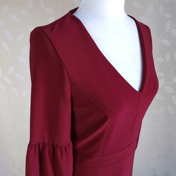 Boston Proper Retro V Neck Gathered Puff Long Sleeve Dress Red XS - Picture 4 of 11